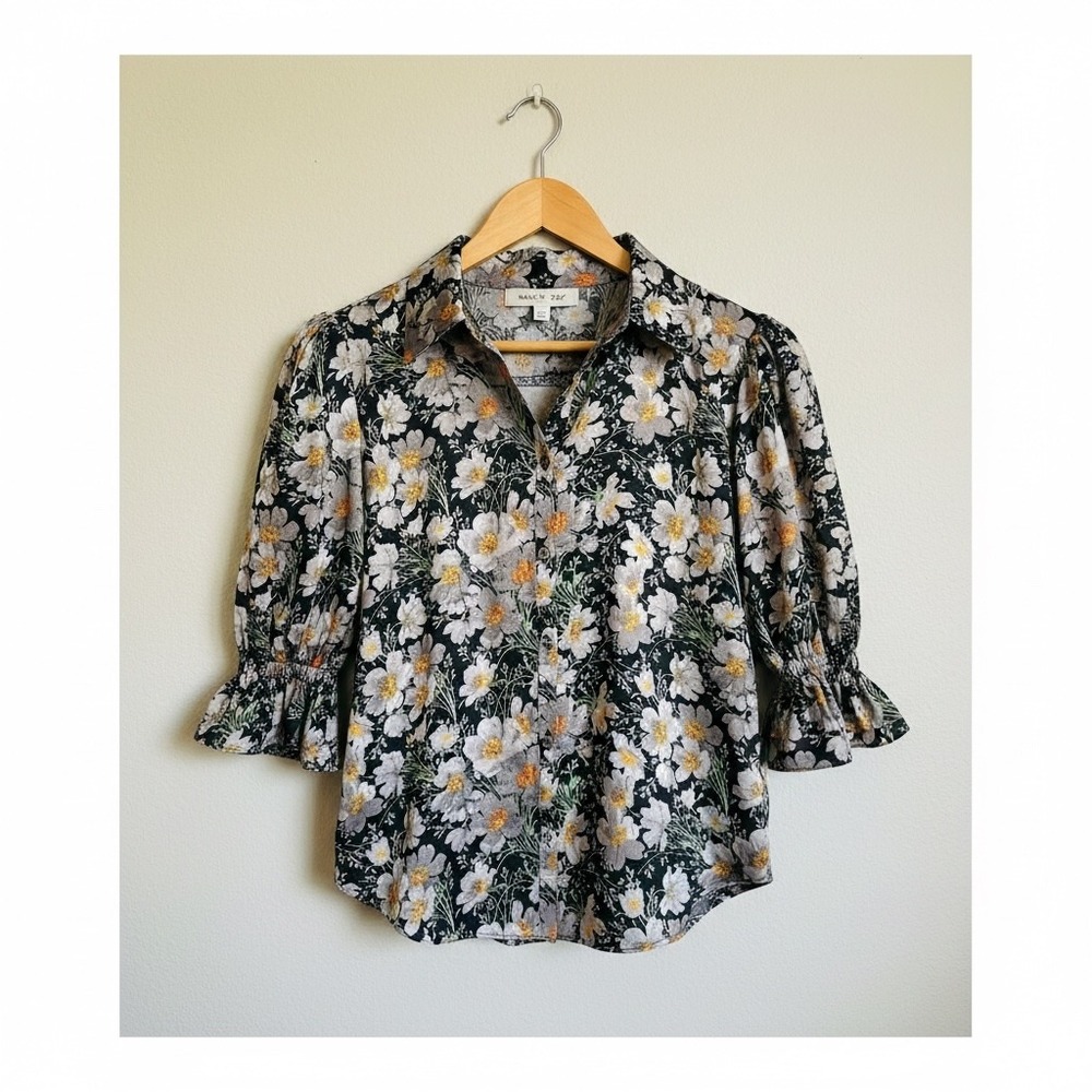 Cinq à Sept Fiona Puff-Sleeve Cosmo-Flower Button Down Top Women's Size Small